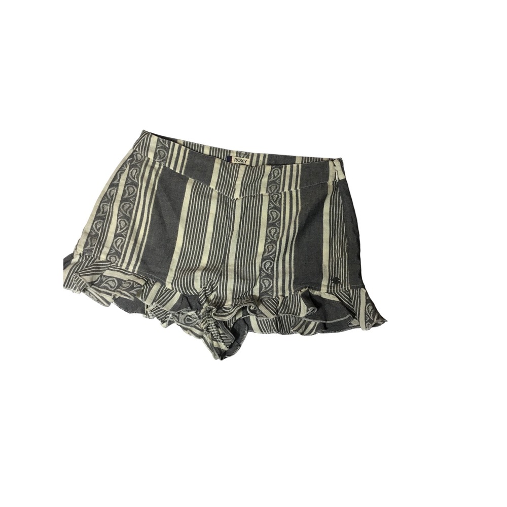 Roxy Striped Paisley Ruffle Hem Shorts Grey Cream High Rise Side Zip Womens M